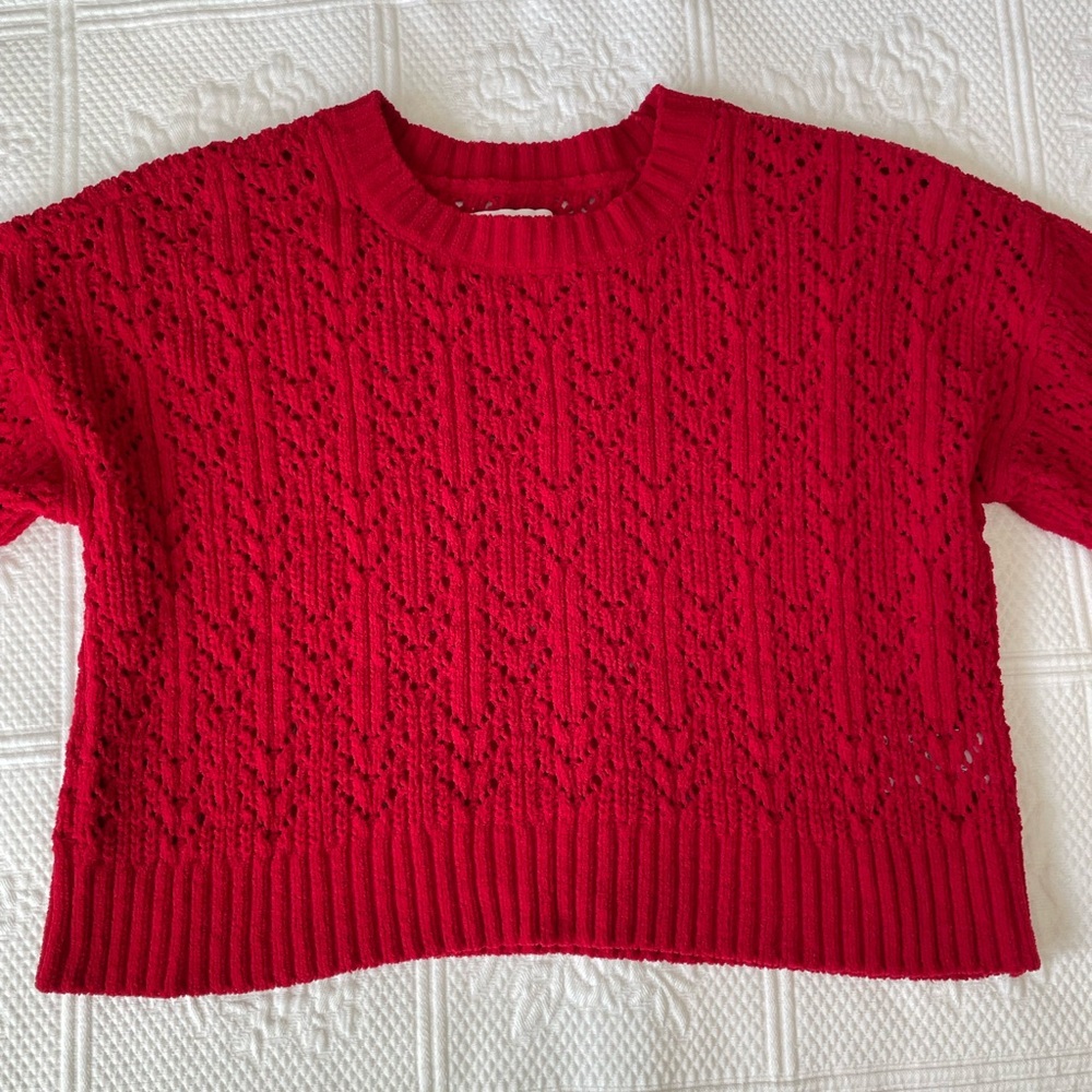 ❤️AE Cropped Pointelle Crewneck Sweater Red Small Valentines ❤️ - Picture 8 of 12